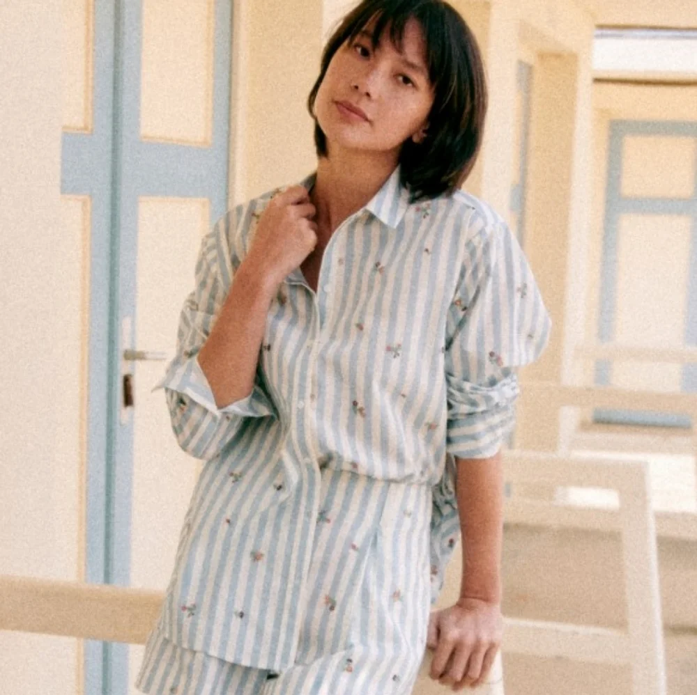 Sezane Maxy Shirt in Flowers on Blue Stripes size 44 - Picture 1 of 10